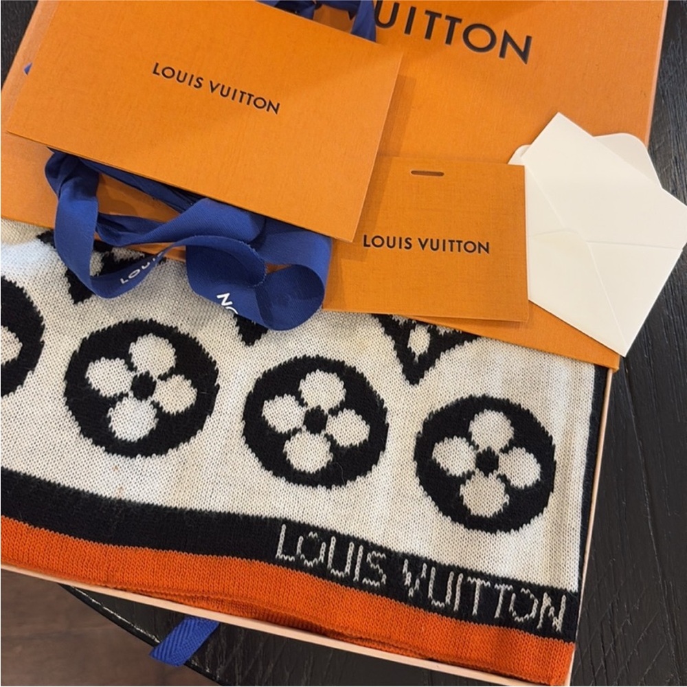 Louis Vuitton Black and White Scarf with Orange Accents